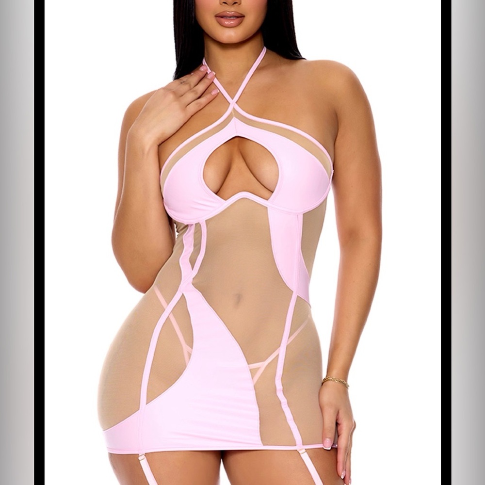 Forplay Lingerie Dress Pink Mesh S Small G-String Thong Set NEW stripper dancer